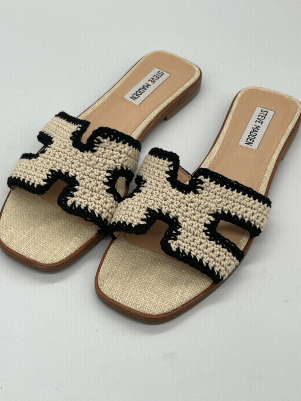 Steve Madden Beige Crochet Slide Sandals with Black Trim